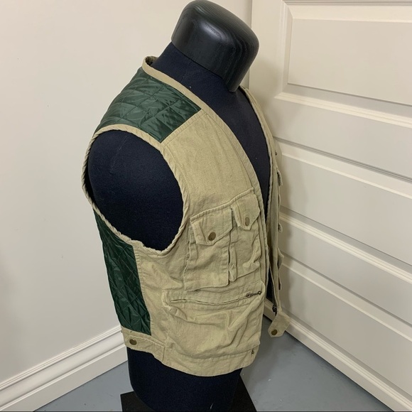 Vintage Hudson Bay Vest linen blend Quilted Tan Green Sz S/M Fishing Hiking - Picture 7 of 14